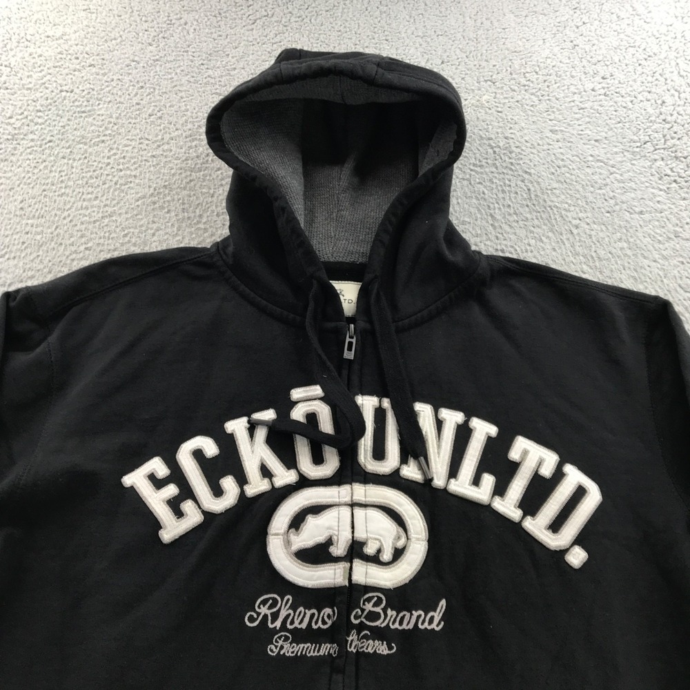 Vintage Ecko Unltd Hoodie Men Large Black Y2K Embroidered Rhino Logo Waffle Hood